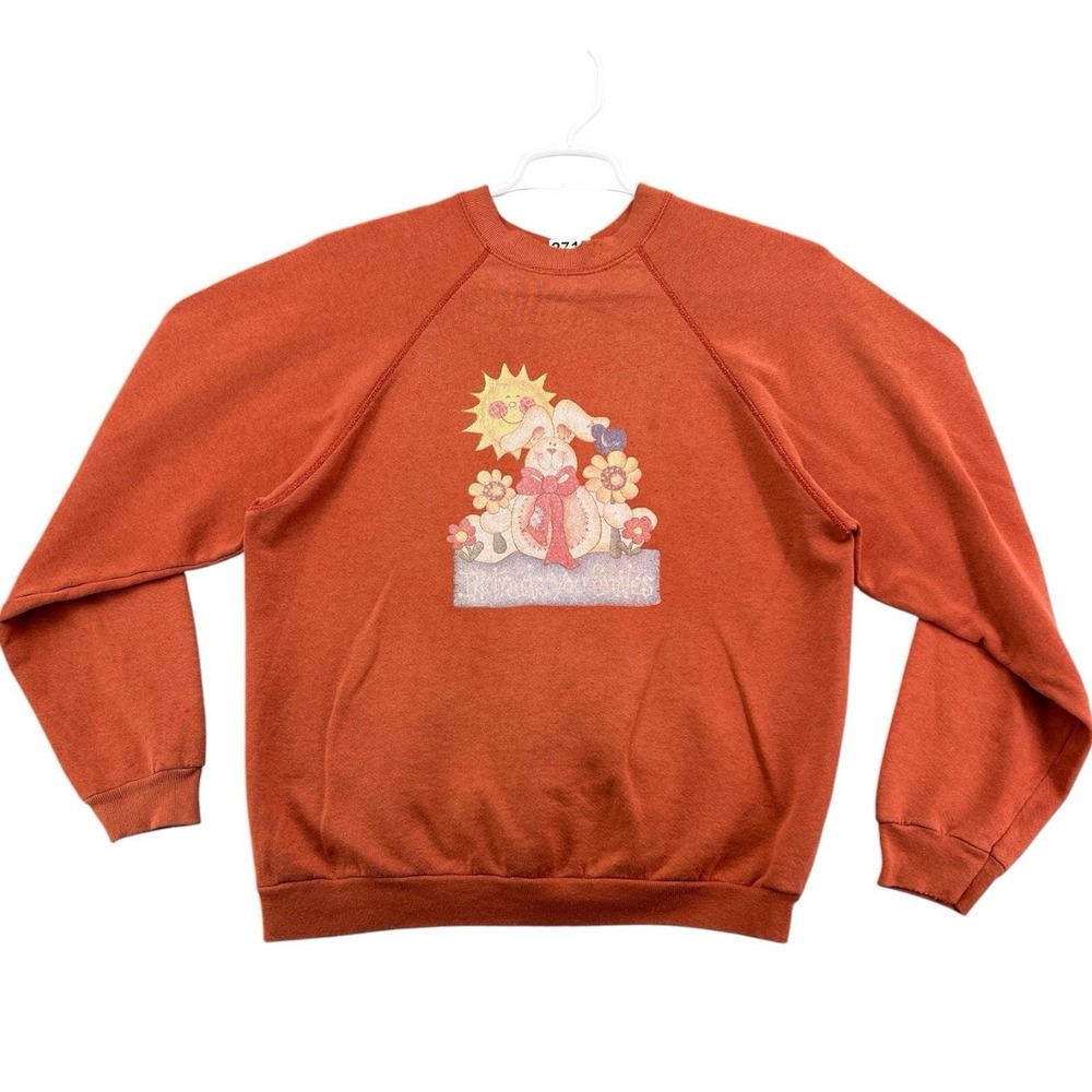 Vintage 80s 90s Tultex Sweatshirt Large Bunny Flowers Sun Graphic USA Raglan